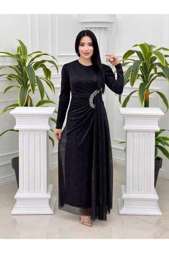Bel Detay Simli Elbise 3869-Siyah