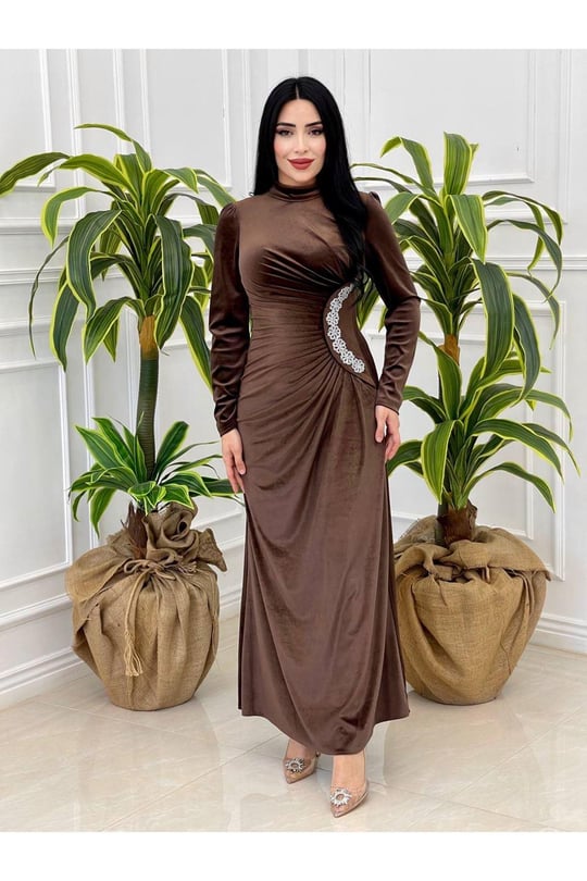 Bel Drape Kadife Elbise 4260-Kahverengi