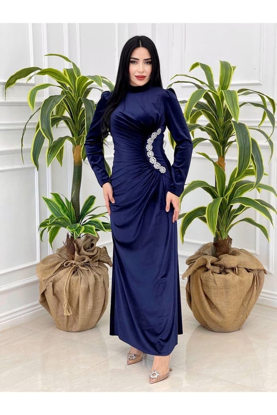 Bel Drape Kadife Elbise 4260-Lacivert