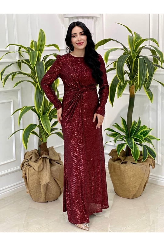 Bel Düğüm Payet Elbise 4083-Bordo