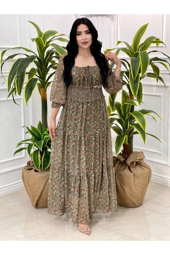 Bel Gipeli  Şifon Elbise 5160-Haki