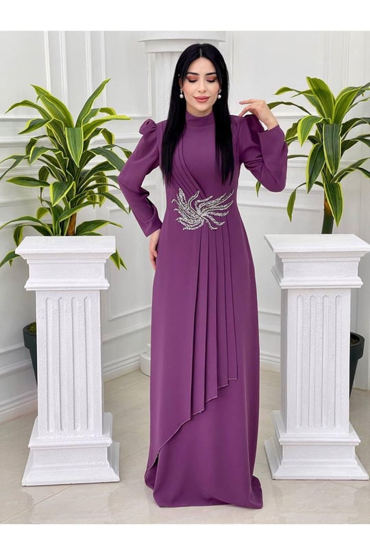 Bel Taşlı Pileli Elbise 1050-Leylak