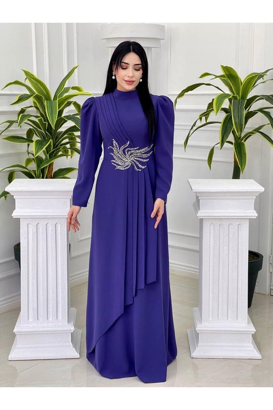 Bel Taşlı Pileli Elbise 1050-Morcivert