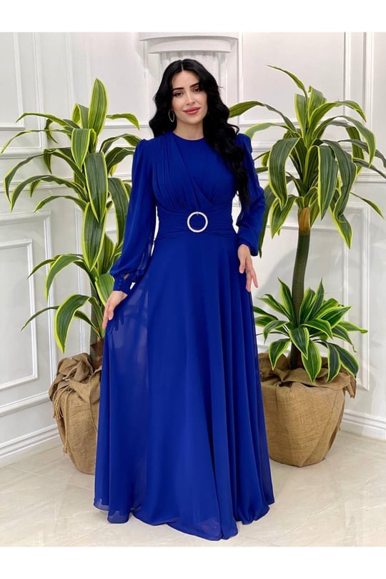 Bel Tokalı Şifon Elbise 12382-Saks