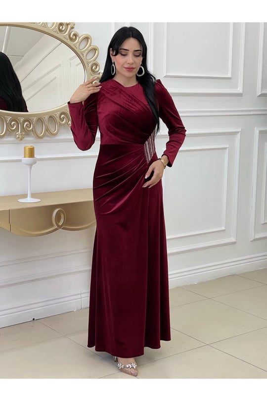Beli İnci Drapeli Elbise 3689-Bordo