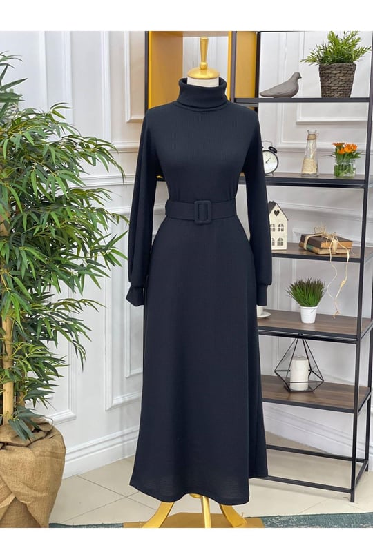 Boğazlı Gofre Elbise 1240-Siyah