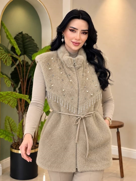 Boncuk İşleme Angora Yelek 9042 T-26 Bej