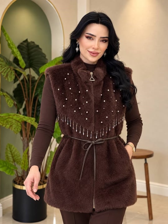 Boncuk İşleme Angora Yelek 9042 T-26 Kahverengi
