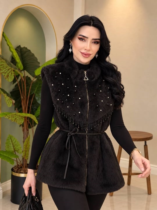 Boncuk İşleme Angora Yelek 9042 T-26 Siyah