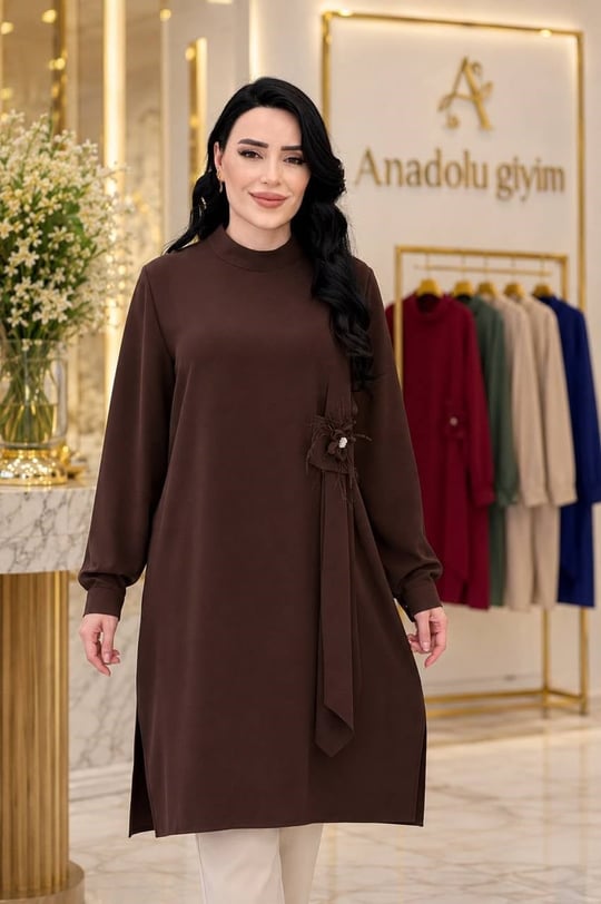 Büyük Beden Broşlu Tunik 2240 T-26 Kahverengi