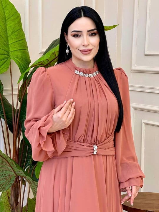 Büzgü Yaka Bel Taş Şifon Elbise 4801 Somon