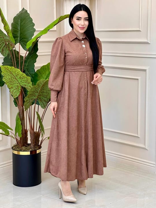 Cam Kırığı Desen Düğmeli Elbise 1780 T-24 Pudra