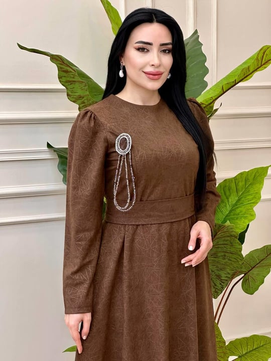 Cam Kırığı Desen Örme Elbise 1781 t-24 Kahverengi