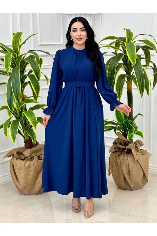 Cepli Kemerli  Krep Elbise 9366-Saks