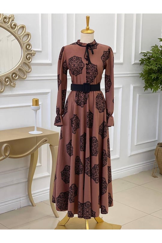 Çiçek Desen Düğmeli Elbise 1245-Rose
