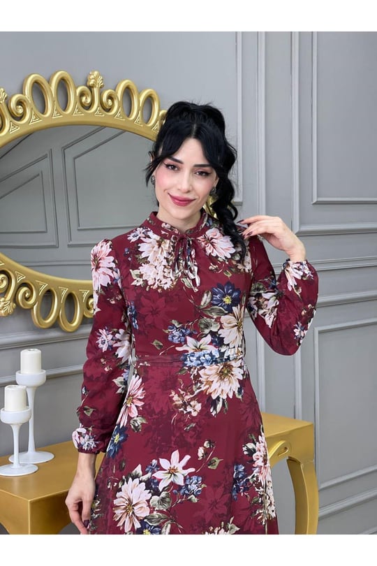 Çiçek Desen Şifon Elbise 3332-Bordo