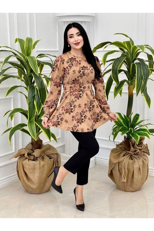 Çiçek Desen Tunik 3076-Vizon