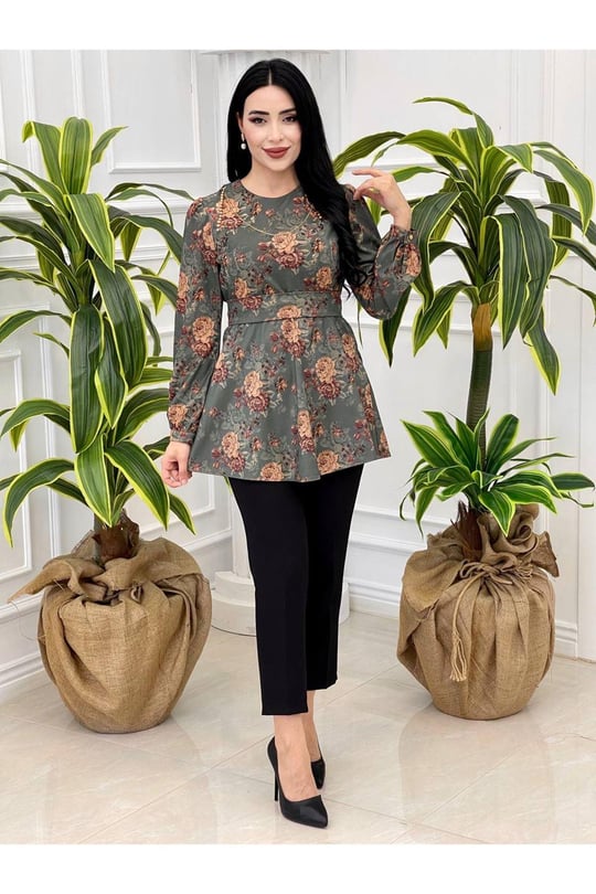 Çiçek Desen Tunik 3076-Yeşil