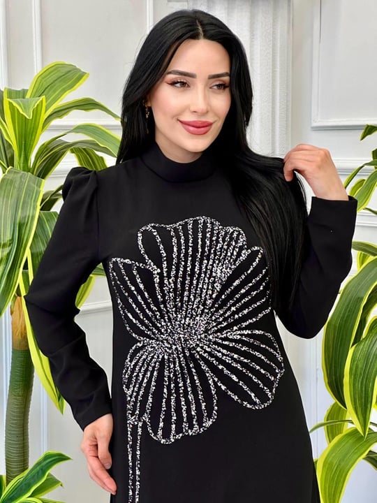 Çiçek Taş İşleme Krep Elbise 941 t-24 Siyah