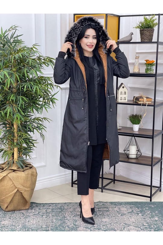 Çift Taraflı Şişme Kaban 8133-Siyah Taba