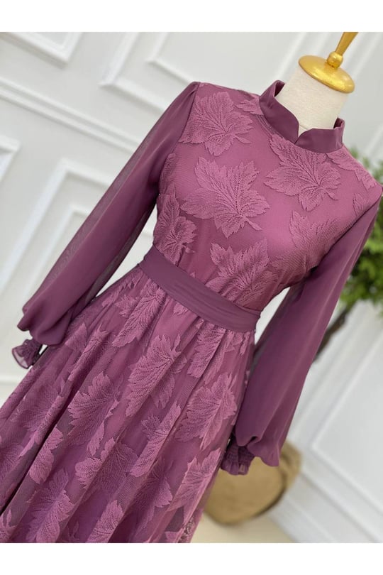 Çınar Yaprak Güpür Elbise 1063-Rose
