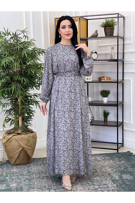 Çini Desen Şifon Elbise 3073-Gri