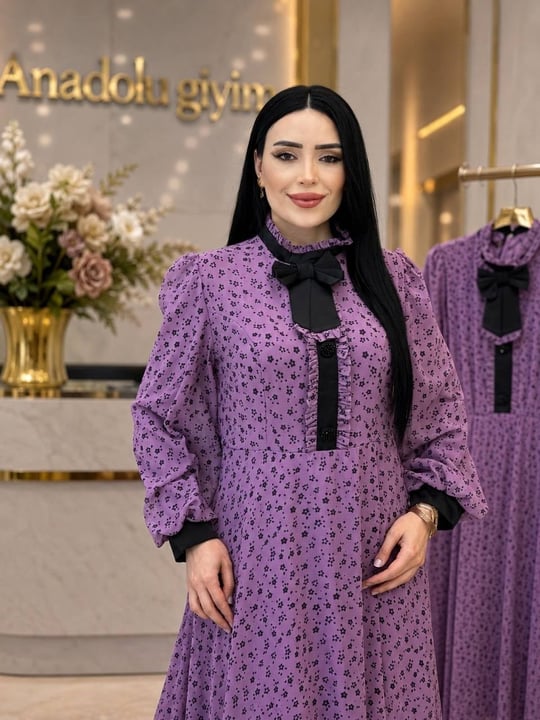 Çıtır Çiçek Fiyonklu Şifon Elbise 7048 T-26 Lila