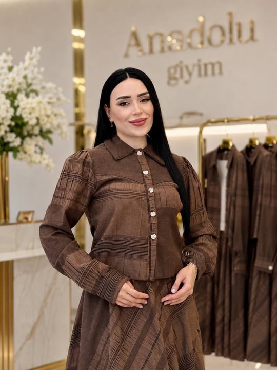 Çizgi Detay Etekli Takım 3042 T-26 Kahverengi