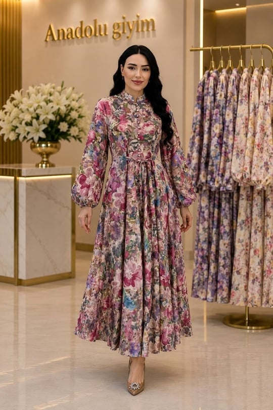 Çok Renkli Düğmeli Elbise 35091 T-26 Fuşya