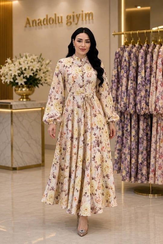 Çok Renkli Düğmeli Elbise 35091 T-26 Sarı