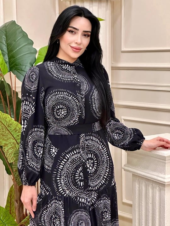 Daire Desen Şifon Elbise 12538 T-24 Siyah