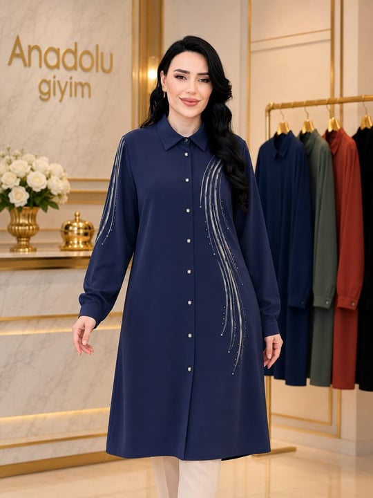 Dalga Desen Düğmeli Tunik 1014 T-025 Saks