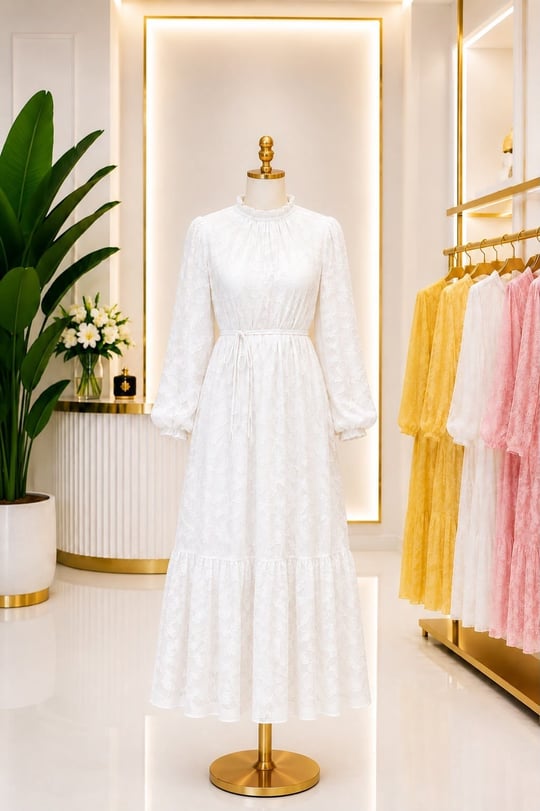 Dalga Desen Jile Bezi Yaz Elbisesi 260178  T-26 Beyaz