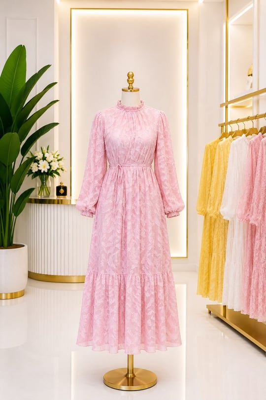Dalga Desen Jile Bezi Yaz Elbisesi 260178  T-26 pembe