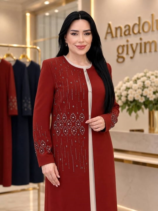 Damla Taş İşleme Abaya Elbiseli Takım 2181 T-26 Kiremit