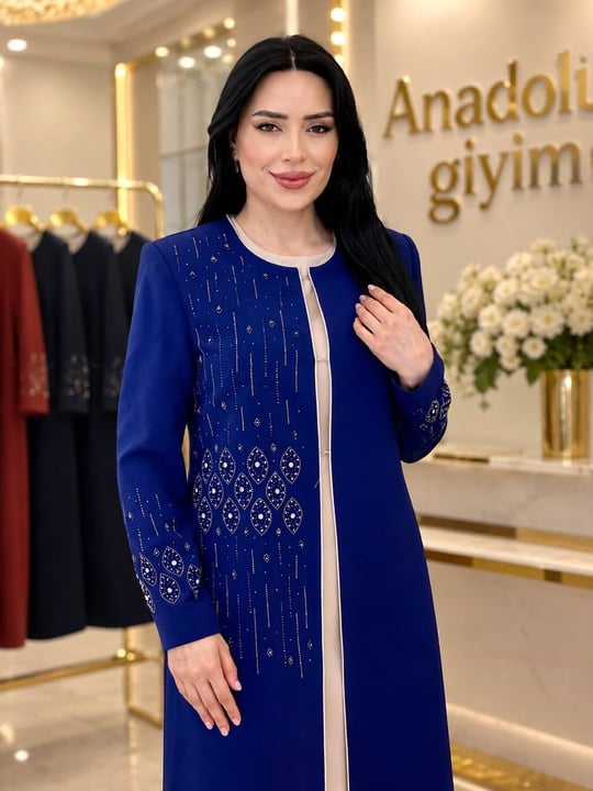 Damla Taş İşleme Abaya Elbiseli Takım 2181 T-26 Saks