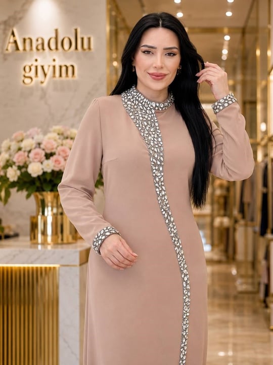 Damla Taş İşleme Krep Elbise 3002 e-25 Bej