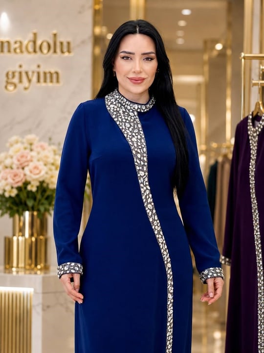 Damla Taş İşleme Krep Elbise 3002 e-25 Saks