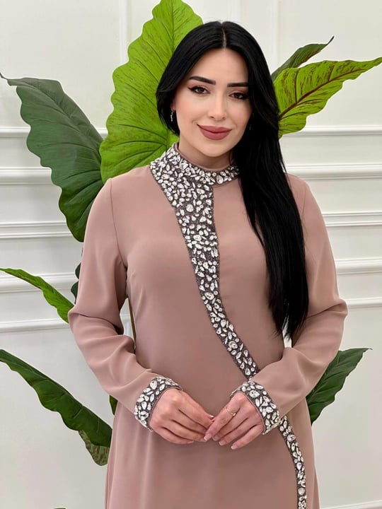 Damla Taş İşleme Krep Elbise 3002 e-25 Bej