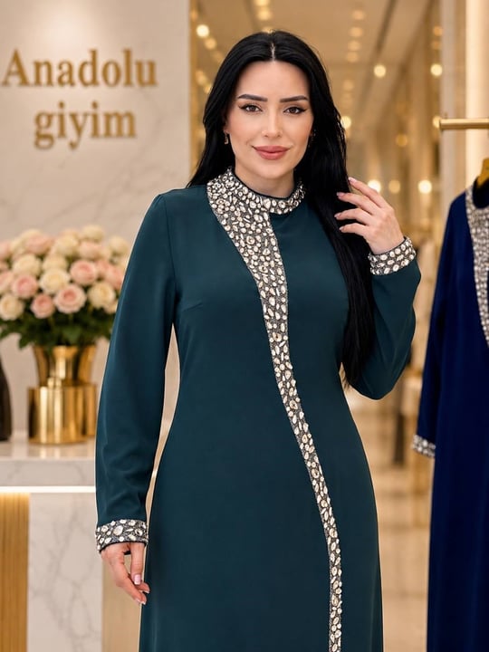 Damla Taş İşleme Krep Elbise 3002 e-25 Zümrüt Yeşil