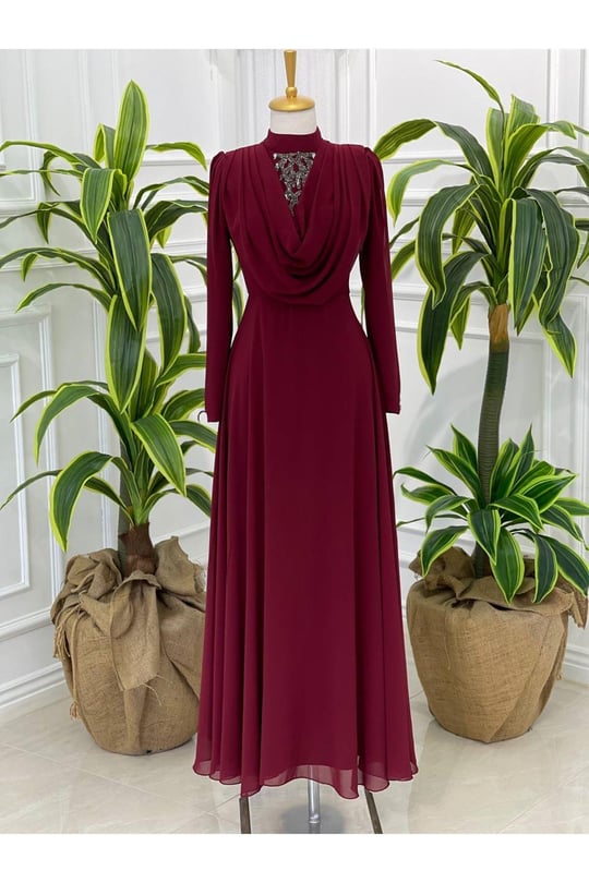 Degaje Şifon Elbise 7418-Bordo