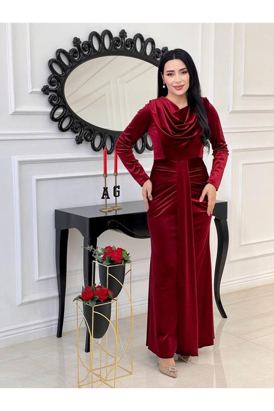 Degaje Yaka Kadife Elbise 4247-Bordo
