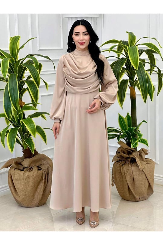 Degaje Yaka Saten Elbise 9365-Bej