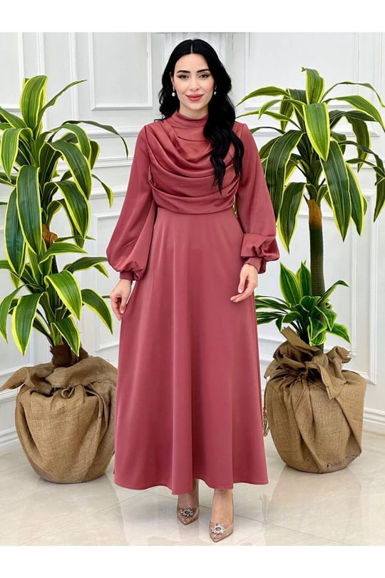 Degaje Yaka Saten Elbise 9365-Rose