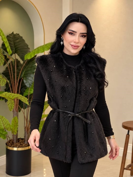 Deri Bağcık Angora Yelek 9043 T-26 Siyah