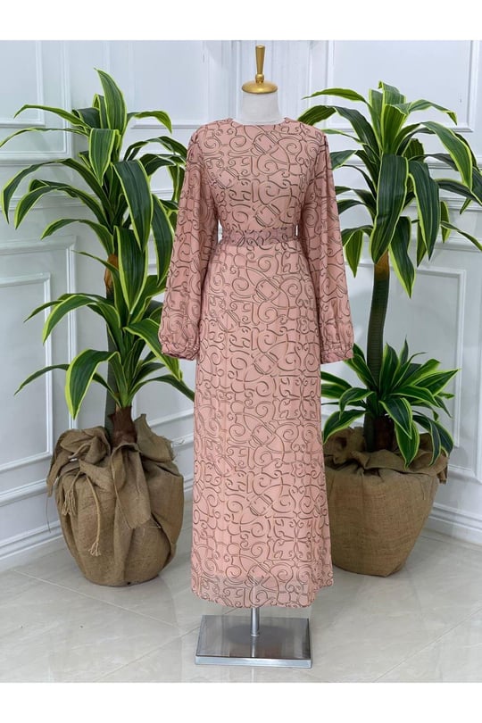 Desenli Şifon Elbise 3074-Somon