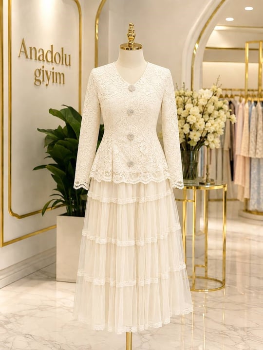 Dört Düğme Güpür Ceket Etekli Takım 1830 T-26 Ekru
