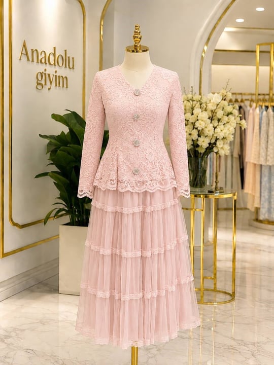 Dört Düğme Güpür Ceket Etekli Takım 1830 T-26 pembe