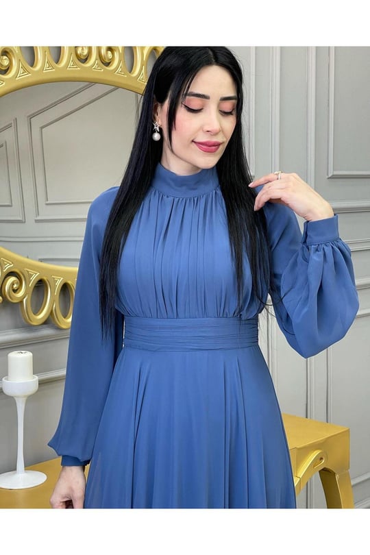 Drape Balon Kol Elbise 12240-İndigo Mavi