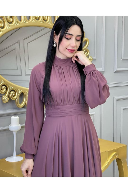 Drape Balon Kol Elbise 12240-Rose